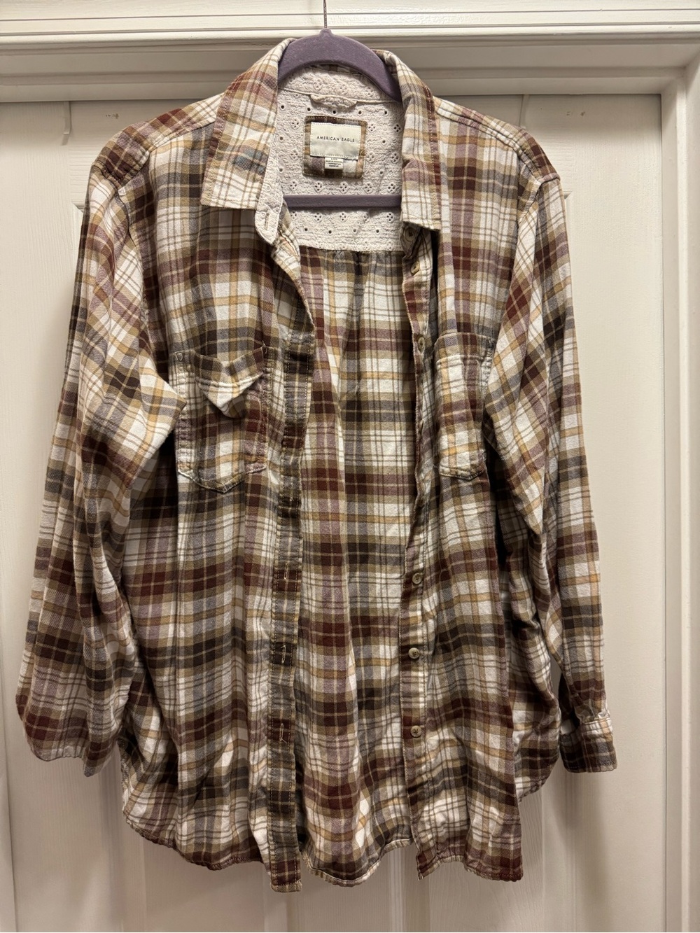 American Eagle Outfitters Plaid Button-Down in Brown, Cream & Tan
